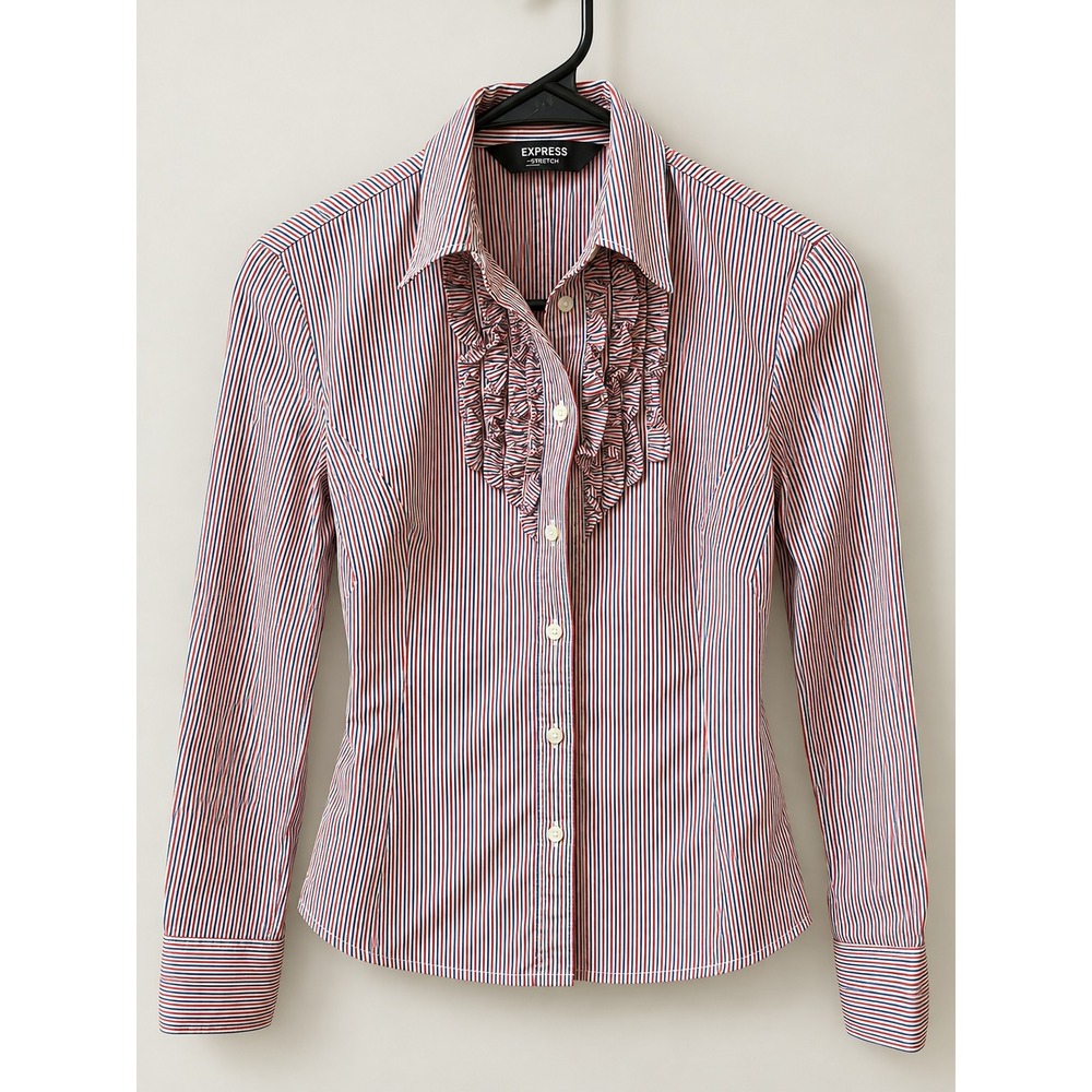 Express Button Down Shirt Womens 3/4 Red White Blue Striped Ruffle Preppy